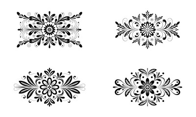 Ornamental floral motifs with symmetrical decorative elements in black vector style
