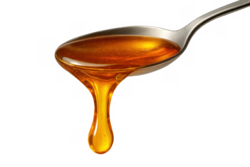 Golden honey dripping, forming viscous amber droplet over clean transparent surface