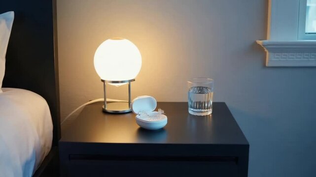 A bedside table with a modern lamp, a glass of water, and a small dish. The setting is minimalistic and cozy, ideal for a bedroom..