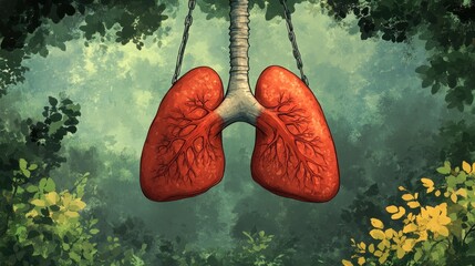 Lungs suspended in a forest setting.