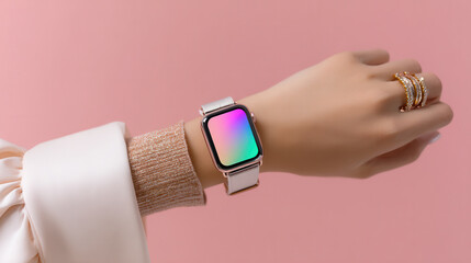 Stylish smartwatch with vibrant rainbow gradient display on wrist creates a modern minimalistic feel against soft pink background