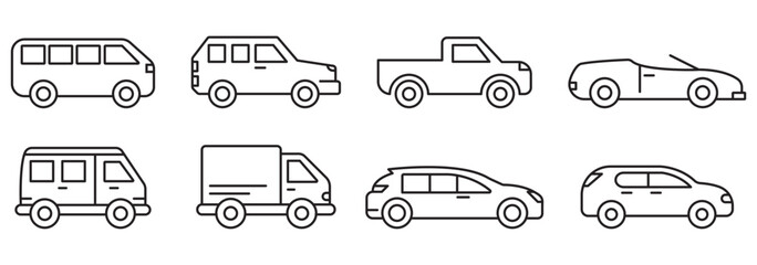 Car  icons set. Vector black illustration .  Road Transport Icons . Car line icons set. 