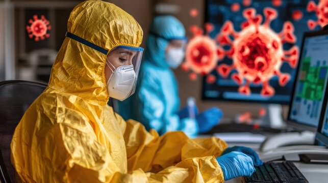 Bioethics in Gene Concept. Healthcare Workers in Protective Gear Analyzing Data During COVID-19 Pandemic in Laboratory Setting