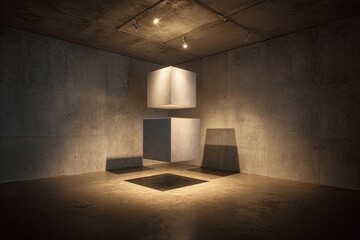 Two light-grey cubes seemingly levitate in a dimly lit concrete room, casting shadows on the floor.  The room's rough texture contrasts with the smooth cubes