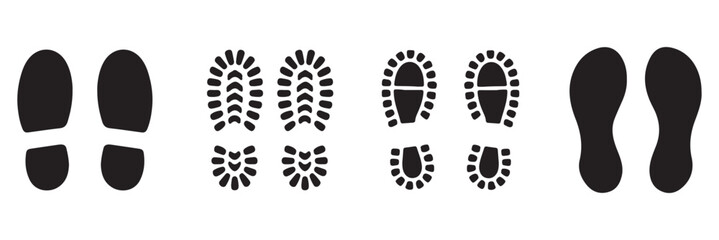 Footprint and shoe print icons set – vector illustration on white background.  Vector Footprint Icons Collection  Human, Shoe, Boot, and Sole Print Silhouettes Set . 