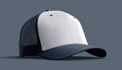 A white and navy blue trucker hat with a mesh back, angled slightly to the right against a neutral gray background.  The hat is blank, ready for customization