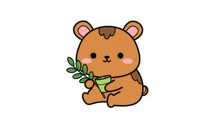 Naklejka premium Cute Cartoon Bear Holding Potted Plant Sticker Illustration