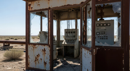 Fototapeta premium An old rusty and abandoned guardhouse or control booth in the middle of a desolate desert landscape a symbol of industrial decline and decay