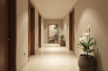 Spacious condo hallway with minimalist decor and recessed lighting ai generated