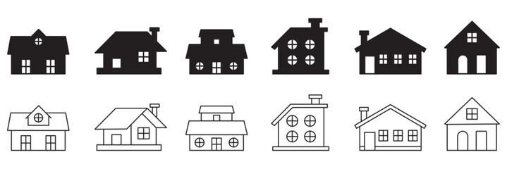 Black house icons set, collection of residential buildings, home vector silhouettes, architectural symbols, modern property illustration . eps 10 