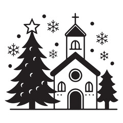 Fototapeta premium Winter church scene with snow and holiday decorations in a peaceful village landscape
