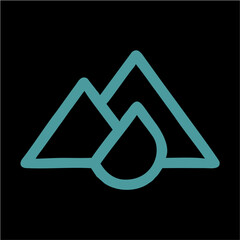 Minimalist Teal Mountain and Water Droplet Icon on Black Background – Nature and Conservation Vector Symbol,A clean vector illustration featuring two overlapping teal mountain outlines with a central 