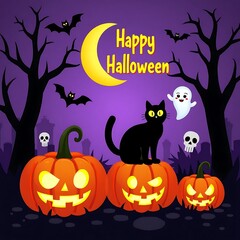 Cute Halloween Scene with Pumpkins, Cat, and Ghost