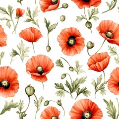 Detailed poppy floral pattern on white background.