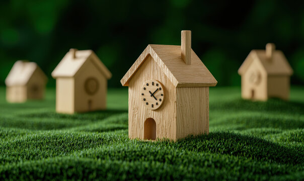 whimsical 3D village with wooden houses featuring clocks, symbolizing time flowing differently in each home