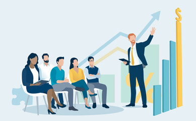 Leader standing among growing business graphs showing profit opportunities. Education. Vector illustration
