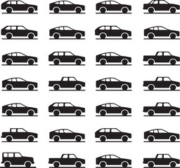 Obraz premium Collection of various car icons and silhouettes featuring sedan hatchback and pickup truck designs