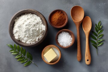 Flat lay of baking ingredients and utensils