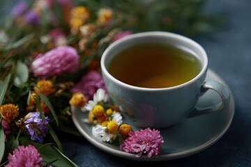Fototapeta premium Cup of herbal tea with dried flowers around