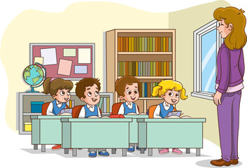 Classroom with children. Teacher or professor teaching students in primary school classroom. Student learning in lessons vector illustration