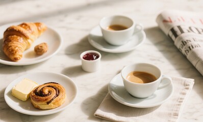 French Morning Pastry and Coffee Setup on Marble Table with Newspaper and Natural Light, Styled in Authentic Café Scene
