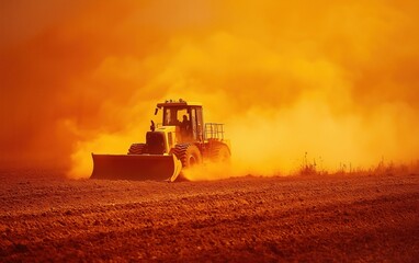 Fototapeta premium A powerful bulldozer moves through a dry construction site, creating a dramatic cloud of orange dust.