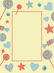 Candy frame background with hearts and stars – pastel vector template