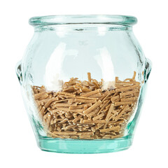 Glass jar filled raw pasta isolated on white background. File contains clipping path.