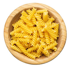 Raw pasta Fusilli in  bowl isolated on white background. Raw and Dry Macaroni. Italian Culture.