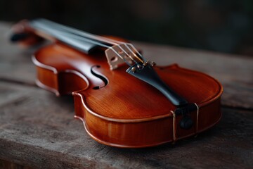 Closeup of violin on rustic table