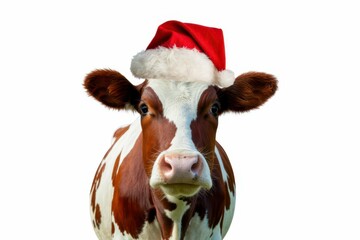 funny portrait of cow wearing a santa claus hat isolated on white blackground isolated, white background