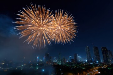 Fireworks exploding over city skyline at night