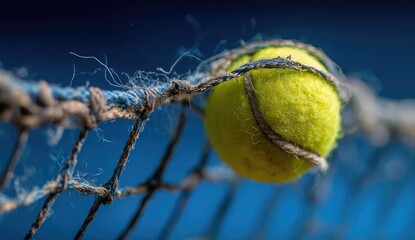 Close-up of a worn tennis ball caught in a frayed net, against a dark blue background.  The focus is sharply on the ball and the immediate net fibers