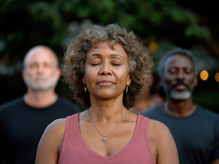 Obraz premium Group of diverse individuals practicing yoga outdoors, with eyes closed, embodying tranquility and mindfulness in a serene natural environment, promoting wellness and inner peace