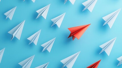 Group of paper plane in one direction and with one individual pointing in the different way, can be used leadership/individuality concepts. New idea, change, trend, courage, 