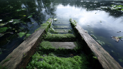 Rotting Wooden Pier Overlooking a Polluted Lake