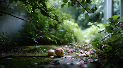 Decaying Garden Overtaken by Wild Vines and Rotting Fruits