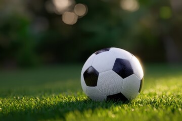 Fototapeta premium Soccer ball on green field in morning light