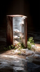 Rusted Refrigerator Outside with Rotting Food and Insects