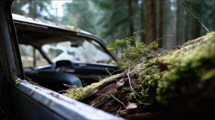 Abandoned Rusty Car in the Woods Covered in Moss and Vines