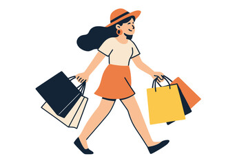 Cheerful woman shopping in a stylish outfit carrying colorful bags on a sunny day at a vibrant market