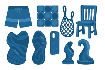 Collection of blue-themed summer items such as shorts, a chair, and decorative shapes showcased on a white background