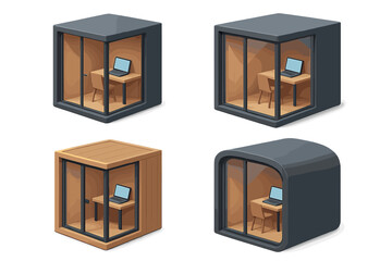 Modern workspace designs featuring various compact office pods for home or outdoor use suitable for all environments
