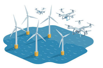 Drones monitoring wind turbines in a renewable energy project on the ocean