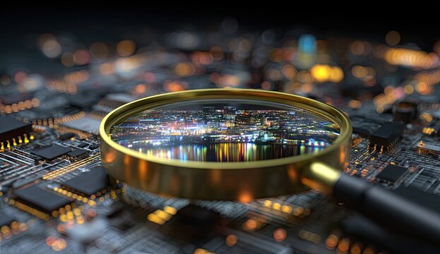 A magnifying glass rests on a circuit board, its lens reflecting a vibrant cityscape at night