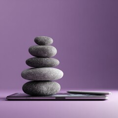 A stack of gray stones rests on a tablet beside a pen against a muted purple backdrop, suggesting balance and mindfulness