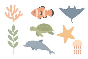 Colorful marine life illustrations featuring a turtle, clownfish, dolphin, and coral in a playful style