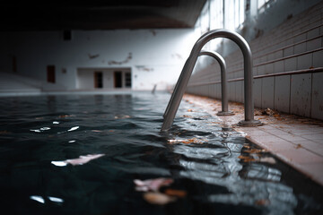 Neglected Pool with Black Water, Mossy Tiles, and Trash