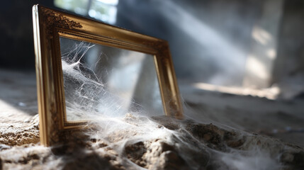 Cracked Mirror in Dusty Attic with Termite-Eaten Frame