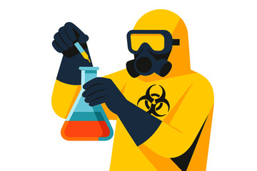 Laboratory technician conducting an experiment with a chemical solution in a biohazard suit at a lab facility